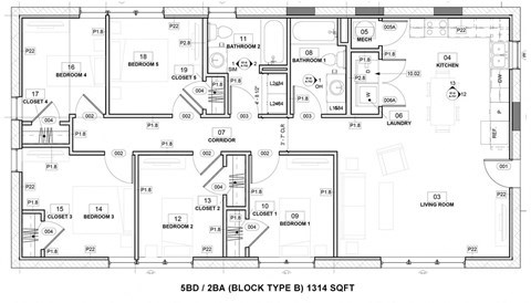 Floor plan for 5 beds, 2 baths, 1342 sqft
