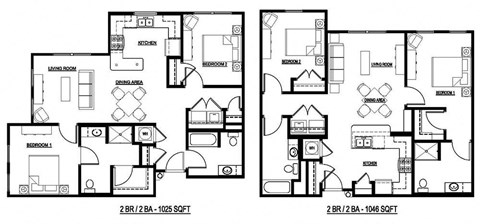 Floor plan for 2 beds, 2 baths, 1042 sqft