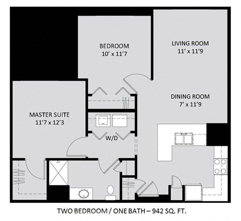 Floor plan for 2 beds, 1 bath, 942 sqft