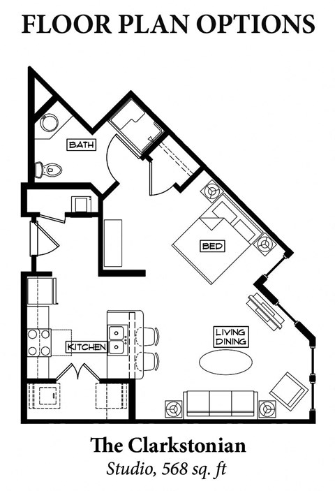 Floor plan for studio, 1 bath, 568 sqft