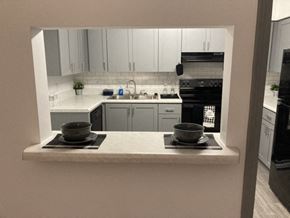 Stone Mountain apartment for rent - a kitchen with white cabinets and a counter with two bowls on it