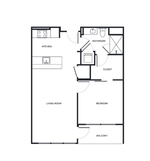 Floor plan for 1 bed, 1 bath, 719 sqft
