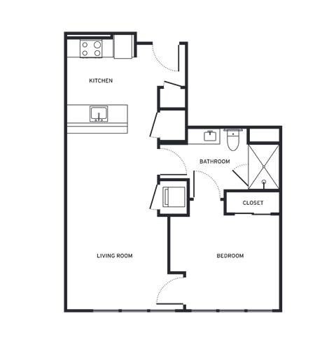 Floor plan for 1 bed, 1 bath, 665 sqft