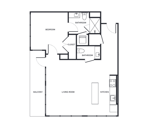 Floor plan for 1 bed, 1.5 baths, 878 sqft
