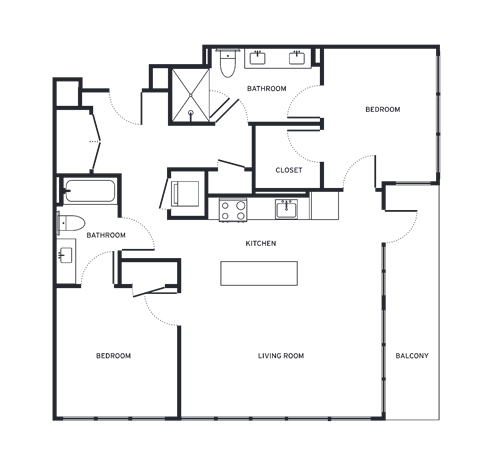 Floor plan for 2 beds, 2 baths, 1085 sqft