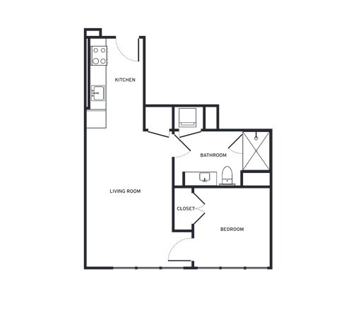 Floor plan for 1 bed, 1 bath, 586 sqft