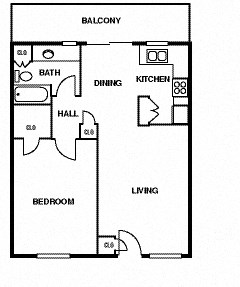 Floor plan for 1 bed, 1 bath, 708 sqft