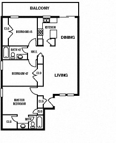 Floor plan for 3 beds, 2 baths, 1228 sqft