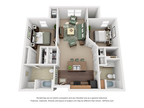 Floor plan for 2 beds, 2 baths, 870 sqft