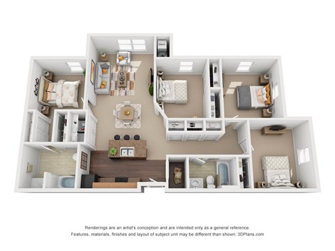 Floor plan for 4 beds, 2 baths, 1289 sqft