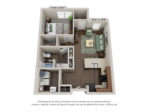 Floor plan for 1 bed, 1 bath, 662 sqft