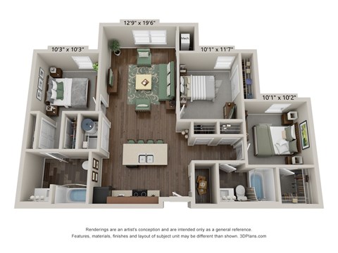 Floor plan for 3 beds, 2 baths, 1080 sqft