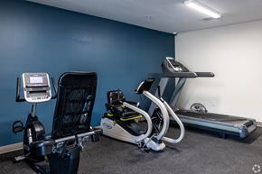 Muscatine apartment for rent - A gym with a treadmill, a stationary bike, and a rowing machine.