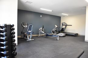 Muscatine apartment for rent - A gym with a row of dumbbells on the left and a row of treadmills and exercise bikes on the right.