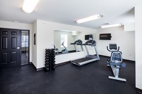 Newton apartment for rent - A gym with a treadmill, a rowing machine and a stationary bike.
