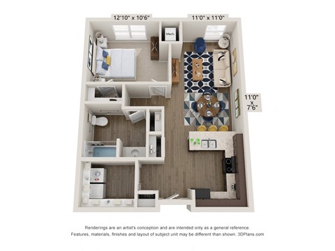 Floor plan for 1 bed, 1 bath, 671 sqft