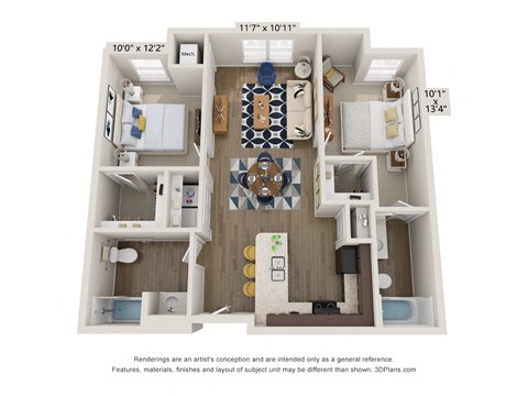 Floor plan for 2 beds, 1 bath, 876 sqft