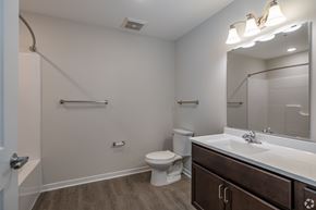 Jackson apartment for rent - A bathroom with a toilet, sink, and mirror.