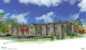 Muscatine apartment for rent - A rendering of a building with the text "MVAH - Wildland Firefighting - Concept Only" on the bottom left.