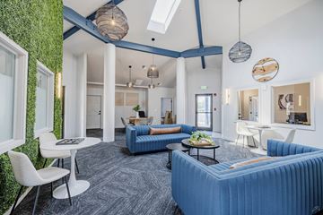 Richland apartment for rent - A living room with a blue couch and a green wall.