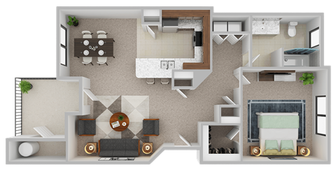 Floor plan for 1 bed, 1 bath, 741 sqft