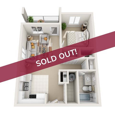 Floor plan for 1 bed, 1 bath, 580 sqft