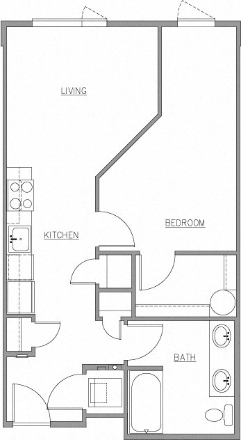 Floor plan for 1 bed, 1 bath, 626 sqft