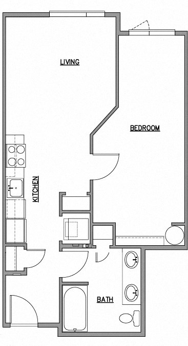 Floor plan for 1 bed, 1 bath, 637 sqft