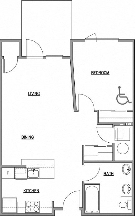 Floor plan for 1 bed, 1 bath, 725 sqft