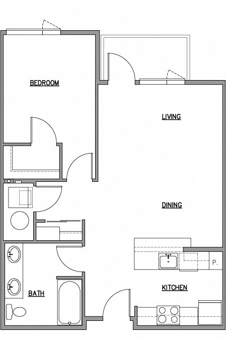 Floor plan for 1 bed, 1 bath, 736 sqft