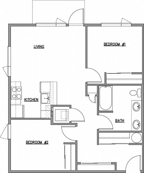 Floor plan for 2 beds, 1 bath, 803 sqft
