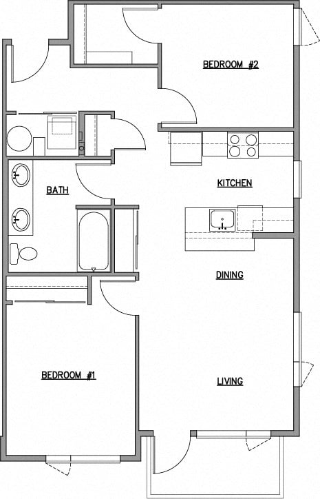 Floor plan for 2 beds, 1 bath, 848 sqft