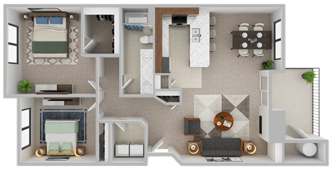Floor plan for 2 beds, 1 bath, 962 sqft