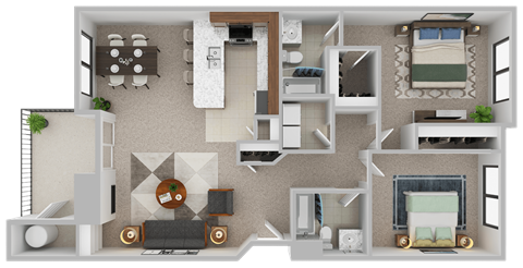 Floor plan for 2 beds, 2 baths, 1004 sqft