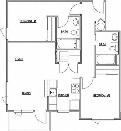 Floor plan for 2 beds, 2 baths, 877 sqft