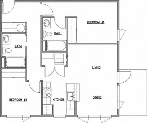 Floor plan for 2 beds, 2 baths, 885 sqft