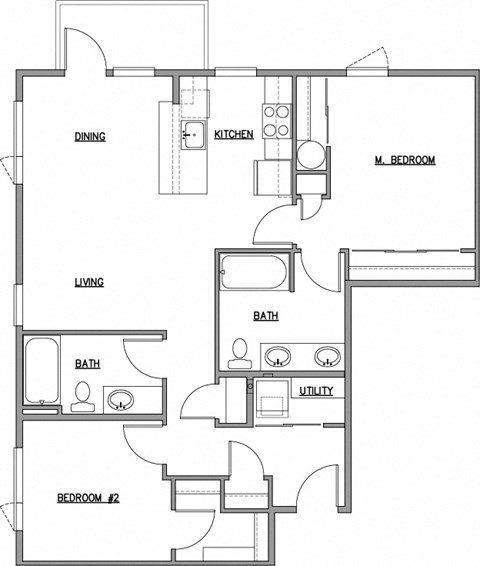 Floor plan for 2 beds, 2 baths, 989 sqft