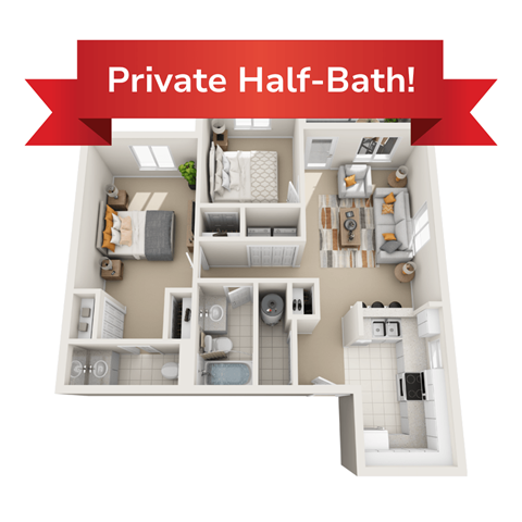 Floor plan for 2 beds, 1.5 baths, 395 sqft