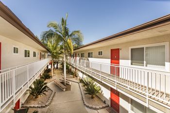 The courtyard of a building with palm trees and red door