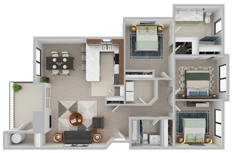 Floor plan for 3 beds, 2 baths, 1270 sqft