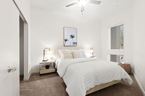 University Place apartment for rent - a bedroom with a bed and a ceiling fan at The Duo, Washington, 98466