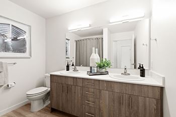 Bathroom with large vanity and double sinks, 