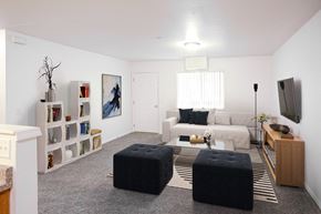 Lewiston apartment for rent - Bright living room with taupe carpet, white walls and door and window at opposite end.at Canyon View, Idaho, 83501