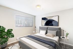 Olympia apartment for rent - Carpeted bedroom with white walls, a window on the left wall. Staged with a bed, side tables, and a houseplant.at Capitol Crossing, Washington
