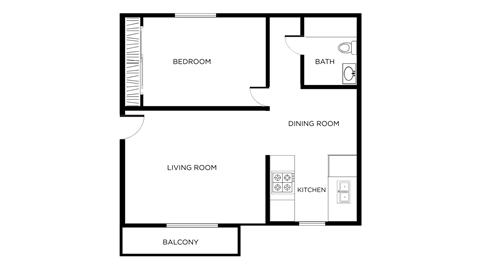 Floor plan for 1 bed, 1 bath, 572 sqft