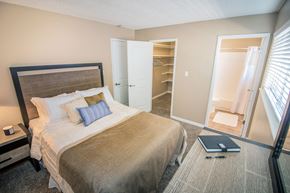 Woodland apartment for rent - Bedroom with large closet and custom shelving to left and bathroom to right. Staged with bed and dresser at Woodland Village , Woodland, 95695