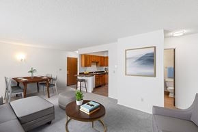 Billings apartment for rent - A living room with a grey sofa, a coffee table, a dining table with chairs, a kitchen area with a sink and a fridge, and a painting on the wall.