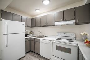 Pocatello apartment for rent - a kitchen with white appliances and gray cabinets at Summit, Pocatello, 83201