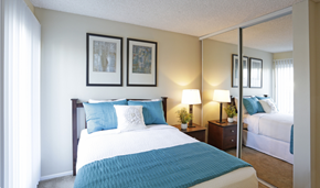 San Diego apartment for rent - Bedroom with mirrored closet doors, full size bed and night stand  at Pacific Sands, San Diego, California