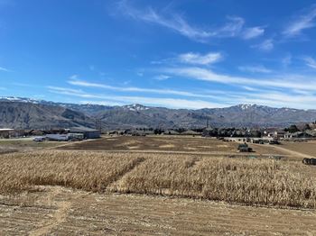 A harvested field with mountains in the background